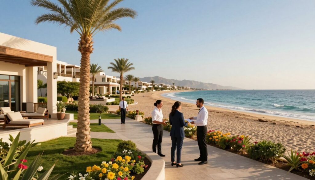 A serene beach resort in Marsa Alam, Egypt, showcasing a luxurious hotel in the foreground with modern architecture and lush green landscaping. Tropical palm trees and colorful flowers accentuate the property, which has a clear view of the gentle waves lapping against the sandy shore. In the middle ground, friendly and professional hotel staff in smart casual attire provide assistance to guests, emphasizing a welcoming atmosphere. The background features a clear blue sky, with a hint of the Red Sea's shimmering waters, and distant mountains shrouded in soft sunlight. The scene is bathed in warm, golden lighting, creating a peaceful and safe ambiance, perfect for tourists seeking relaxation and security. Capture this image from a slightly elevated angle to provide a comprehensive view of the resort's safety measures and inviting environment. A serene beach resort in Marsa Alam, Egypt, showcasing a luxurious hotel in the foreground with modern architecture and lush green landscaping. Tropical palm trees and colorful flowers accentuate the property, which has a clear view of the gentle waves lapping against the sandy shore. In the middle ground, friendly and professional hotel staff in smart casual attire provide assistance to guests, emphasizing a welcoming atmosphere. The background features a clear blue sky, with a hint of the Red Sea's shimmering waters, and distant mountains shrouded in soft sunlight. The scene is bathed in warm, golden lighting, creating a peaceful and safe ambiance, perfect for tourists seeking relaxation and security. Capture this image from a slightly elevated angle to provide a comprehensive view of the resort's safety measures and inviting environment.