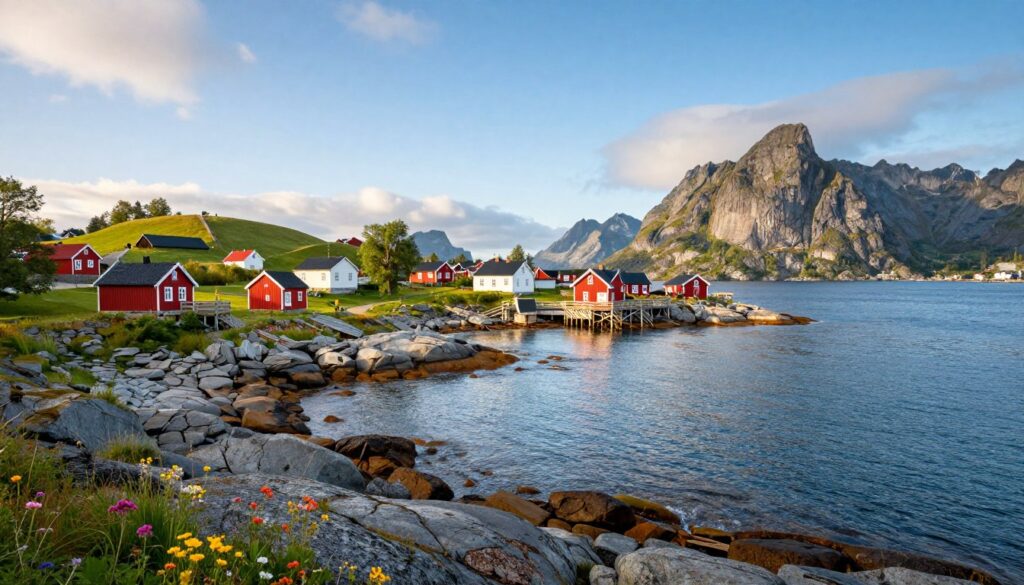 A serene coastal landscape depicting the maritime borders between Denmark, Sweden, and Norway. In the foreground, a picturesque rocky shoreline with clear blue waters gently lapping at the shores, dotted with colorful wildflowers. The middle ground features traditional Scandinavian houses with red and white exteriors nestled among lush green hillsides. In the background, majestic fjords and towering mountains of Norway contrast with Sweden's gentle rolling hills under a bright blue sky. Soft sunlight filters through sparse clouds, casting a warm glow over the scene, highlighting the natural beauty and peaceful atmosphere of this northern European region. The composition emphasizes tranquility, showcasing the closeness of Sweden and Norway as neighbors to Denmark across the waters. A serene coastal landscape depicting the maritime borders between Denmark, Sweden, and Norway. In the foreground, a picturesque rocky shoreline with clear blue waters gently lapping at the shores, dotted with colorful wildflowers. The middle ground features traditional Scandinavian houses with red and white exteriors nestled among lush green hillsides. In the background, majestic fjords and towering mountains of Norway contrast with Sweden's gentle rolling hills under a bright blue sky. Soft sunlight filters through sparse clouds, casting a warm glow over the scene, highlighting the natural beauty and peaceful atmosphere of this northern European region. The composition emphasizes tranquility, showcasing the closeness of Sweden and Norway as neighbors to Denmark across the waters.