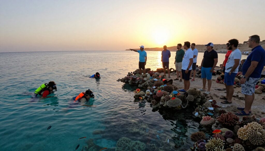 A serene scene showcasing a guided tour in Marsa Alam, Egypt. In the foreground, a diverse group of tourists in modest casual clothing explores a vibrant coral reef while snorkeling, their colorful gear contrasting with the crystal-clear water. The middle ground features a knowledgeable local guide pointing out marine life, surrounded by lively fish. In the background, the rugged coastline meets the horizon, with the sun setting, casting warm golden hues across the sky. Soft, diffused lighting creates a calm, inviting atmosphere. The image captures a sense of exploration and safety, embodying a stress-free travel experience in a picturesque setting, without any text or distractions. A serene scene showcasing a guided tour in Marsa Alam, Egypt. In the foreground, a diverse group of tourists in modest casual clothing explores a vibrant coral reef while snorkeling, their colorful gear contrasting with the crystal-clear water. The middle ground features a knowledgeable local guide pointing out marine life, surrounded by lively fish. In the background, the rugged coastline meets the horizon, with the sun setting, casting warm golden hues across the sky. Soft, diffused lighting creates a calm, inviting atmosphere. The image captures a sense of exploration and safety, embodying a stress-free travel experience in a picturesque setting, without any text or distractions.