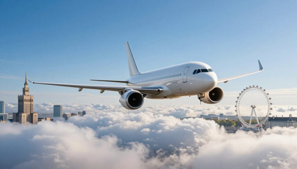 A sleek airplane soaring gracefully above the clouds, representing a flight from Warsaw to London. In the foreground, capture the vibrant blue sky, dotted with fluffy white clouds. In the middle, the airplane is detailed, showcasing its wings and engines as it glides peacefully. The background features a light gradient transitioning from the azure sky to a distant horizon with hints of both cities: iconic landmarks such as the Palace of Culture and Science to the left and the London Eye to the right, symbolizing the journey. Lighting is bright and natural, evoking optimism and adventure. The scene should convey a sense of freedom and anticipation, highlighting the essence of travel. Overall, the atmosphere is uplifting, perfect for illustrating the duration and experience of the flight. A sleek airplane soaring gracefully above the clouds, representing a flight from Warsaw to London. In the foreground, capture the vibrant blue sky, dotted with fluffy white clouds. In the middle, the airplane is detailed, showcasing its wings and engines as it glides peacefully. The background features a light gradient transitioning from the azure sky to a distant horizon with hints of both cities: iconic landmarks such as the Palace of Culture and Science to the left and the London Eye to the right, symbolizing the journey. Lighting is bright and natural, evoking optimism and adventure. The scene should convey a sense of freedom and anticipation, highlighting the essence of travel. Overall, the atmosphere is uplifting, perfect for illustrating the duration and experience of the flight.