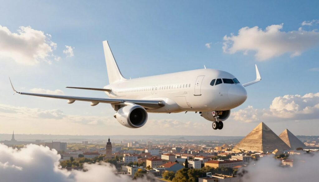 A sleek airplane soaring high above a picturesque landscape, showcasing the essence of airline travel. In the foreground, the aircraft's polished fuselage gleams under the bright sunlight, with clear blue skies and fluffy white clouds surrounding it. The middle layer features a vibrant panorama of Katowice, with recognizable city landmarks subtly blended into the horizon below, enhancing the sense of departure. In the background, a distant view of the Egyptian pyramids shimmers under the golden sun, symbolizing the travel destination. The composition has a dynamic upward angle, capturing the momentum of flight, while soft lighting creates an optimistic and adventurous atmosphere. The scene conveys a sense of excitement, freedom, and exploration, perfectly aligning with the theme of air travel.