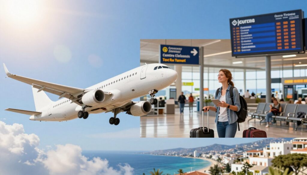 A split-image composition illustrating the difference between direct flights and connecting flights from Wrocław to Cyprus. In the foreground, depict an airplane taking off against a bright blue sky, under the sunlight with soft clouds drifting. In the middle, show a contrasting scene featuring a traveler waiting at an airport terminal, surrounded by destination signs, luggage, and a digital flight board displaying connections. The background should blend a scenic view of Cyprus with its beautiful coastline and Mediterranean architecture, suggesting the final destination. Use warm, uplifting lighting to convey a sense of excitement and anticipation. The focus should be sharp on the airplane and the traveler, with a slightly blurred background to create depth.