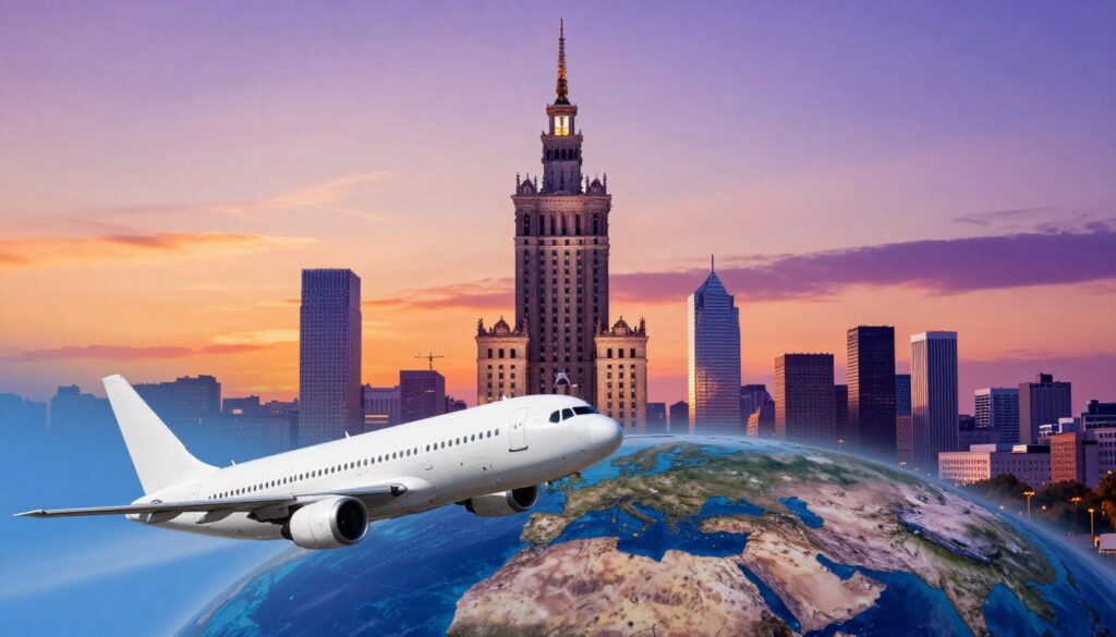 A split image showcasing the distance between Warsaw and Chicago. In the foreground, an elegant airplane flying through a clear blue sky, symbolizing travel, sleek and modern in design. In the middle ground, a stylized Earth with the iconic skylines of Warsaw, featuring the Palace of Culture, and Chicago, highlighted by the Willis Tower, both glowing softly in the evening light. The background features a gradient sunset sky, transitioning from warm oranges to deep purples, evoking a sense of wonder and adventure. The scene conveys a professional and inspiring atmosphere, suitable for travel enthusiasts. The composition is balanced, with a slight perspective that emphasizes the vastness of the distance traveled.