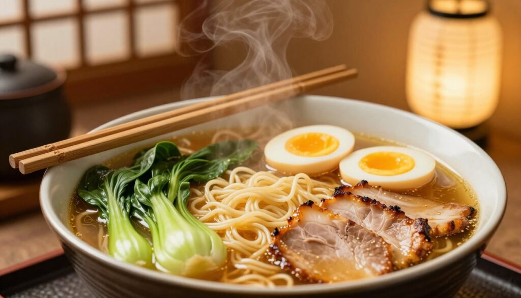 A steaming bowl of ramen prominently displayed in the foreground, showcasing perfectly cooked noodles tangled with vibrant green bok choy, soft-boiled eggs with golden yolks, and succulent slices of grilled pork. The broth is a rich golden color, glistening under warm, inviting light. In the middle ground, bamboo chopsticks rest delicately on the edge of the bowl, hinting at the meal just enjoyed. The background features minimalist Japanese-inspired decor with paper lanterns softly illuminated, adding to a cozy, authentic atmosphere. The overall mood should evoke a sense of warmth and comfort, with a slightly blurred bokeh effect on the background to emphasize the ramen as the star of the image, captured from a slightly angled overhead perspective.