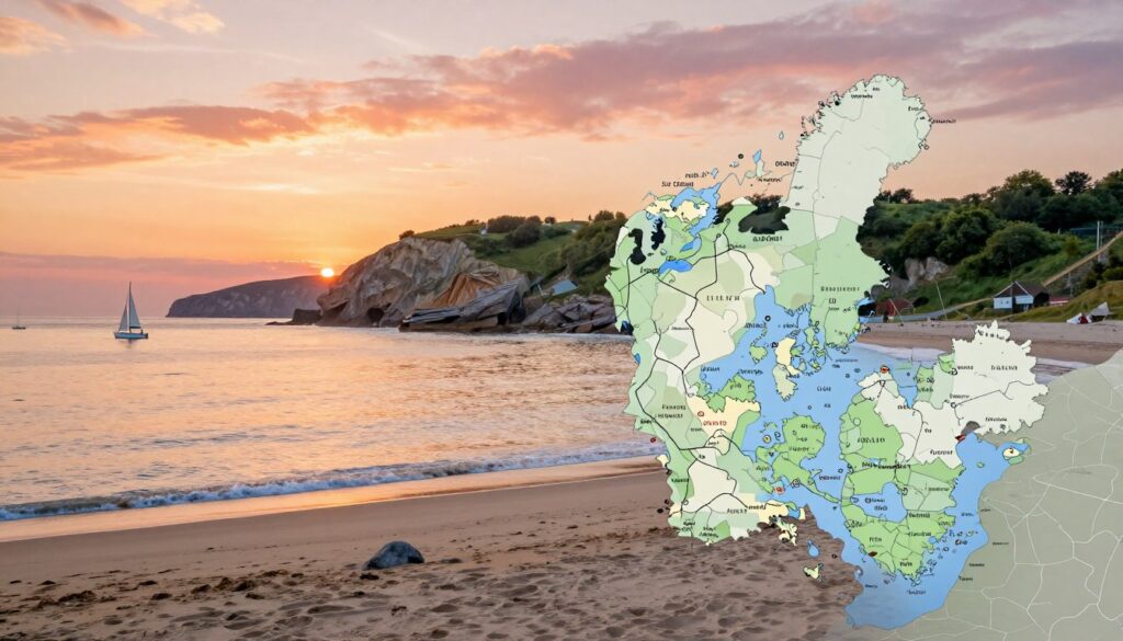 A stunning coastal scene illustrating the maritime borders of Denmark. In the foreground, depict a serene beach with soft sand and gentle waves lapping at the shore, with a couple of sailboats in the distance. The middle ground showcases a panoramic view of Denmark's rugged coastline, featuring cliffs and lush greenery. A detailed map overlay subtly integrates with the coastal elements, highlighting the maritime boundaries with lines and labels. In the background, a vibrant sunset bathes the sky in warm oranges and pinks, creating a peaceful atmosphere. Use soft, natural lighting to evoke tranquility and connection to nature, capturing the essence of Denmark's unique positioning in relation to its maritime neighbors. A stunning coastal scene illustrating the maritime borders of Denmark. In the foreground, depict a serene beach with soft sand and gentle waves lapping at the shore, with a couple of sailboats in the distance. The middle ground showcases a panoramic view of Denmark's rugged coastline, featuring cliffs and lush greenery. A detailed map overlay subtly integrates with the coastal elements, highlighting the maritime boundaries with lines and labels. In the background, a vibrant sunset bathes the sky in warm oranges and pinks, creating a peaceful atmosphere. Use soft, natural lighting to evoke tranquility and connection to nature, capturing the essence of Denmark's unique positioning in relation to its maritime neighbors.