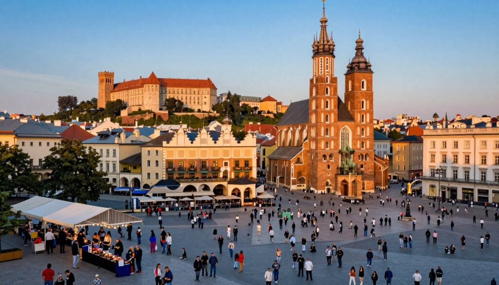 A vibrant aerial view of Kraków's main square, showcasing the historic architecture and lively atmosphere. In the foreground, a bustling crowd of travelers dressed in smart casual attire interacts with local vendors, capturing the essence of a busy travel hub. The middle ground features the iconic St. Mary's Basilica and the Cloth Hall, enveloped in warm golden hour lighting. The background reveals the majestic Wawel Castle perched atop a hill, bathed in soft evening light, with a blue sky transitioning to dusk. The scene conveys an inviting and adventurous mood, reflecting a popular departure point for flights to Rome, emphasizing travel and exploration without text or distractions. A vibrant aerial view of Kraków's main square, showcasing the historic architecture and lively atmosphere. In the foreground, a bustling crowd of travelers dressed in smart casual attire interacts with local vendors, capturing the essence of a busy travel hub. The middle ground features the iconic St. Mary's Basilica and the Cloth Hall, enveloped in warm golden hour lighting. The background reveals the majestic Wawel Castle perched atop a hill, bathed in soft evening light, with a blue sky transitioning to dusk. The scene conveys an inviting and adventurous mood, reflecting a popular departure point for flights to Rome, emphasizing travel and exploration without text or distractions.
