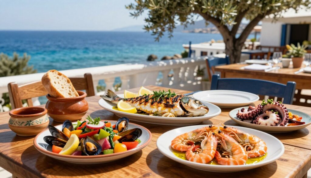 A vibrant and tantalizing spread of fresh fish and seafood, featuring grilled whole fish garnished with herbs and slices of lemon, prawns that are succulent and glistening with a drizzle of olive oil, and a colorful seafood salad with octopus, mussels, and colorful veggies. In the foreground, an elegantly set wooden table is adorned with rustic pottery and fresh bread, capturing the essence of a traditional Greek dining experience. In the middle, a traditional Greek taverna ambiance with azure sea views, sunlit terraces and olive trees provides the backdrop. The image is bathed in warm, natural sunlight, invoking a relaxed and inviting atmosphere, perfect for enjoying the flavors of the Mediterranean. The composition is captured at a slightly elevated angle, highlighting the delicious food arrangement while maintaining the scenic surroundings.