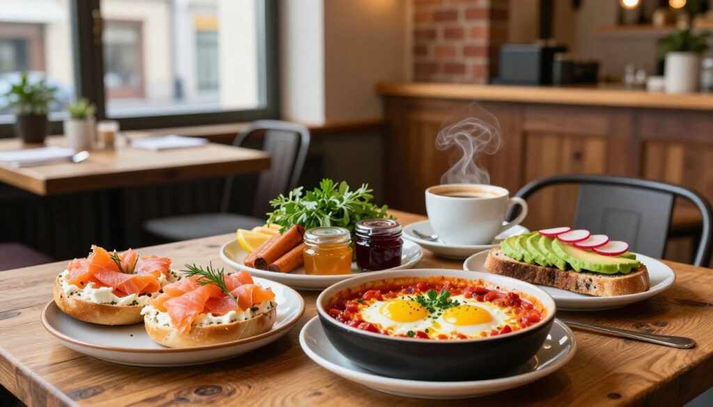 A vibrant breakfast table set in a cozy café in Katowice. In the foreground, an assortment of freshly prepared dishes: golden bagels topped with cream cheese and smoked salmon, a colorful bowl of shakshuka with poached eggs surrounded by spicy tomato sauce, and artisan toast with avocado and radishes. A steaming cup of coffee adds warmth to the scene. The middle ground features a rustic wooden table, adorned with fresh herbs and small jars of homemade jams. In the background, soft natural lighting filters through large windows, showcasing a charming interior with polished wood and brick walls. The atmosphere feels inviting and warm, perfect for enjoying a leisurely breakfast with friends or family.