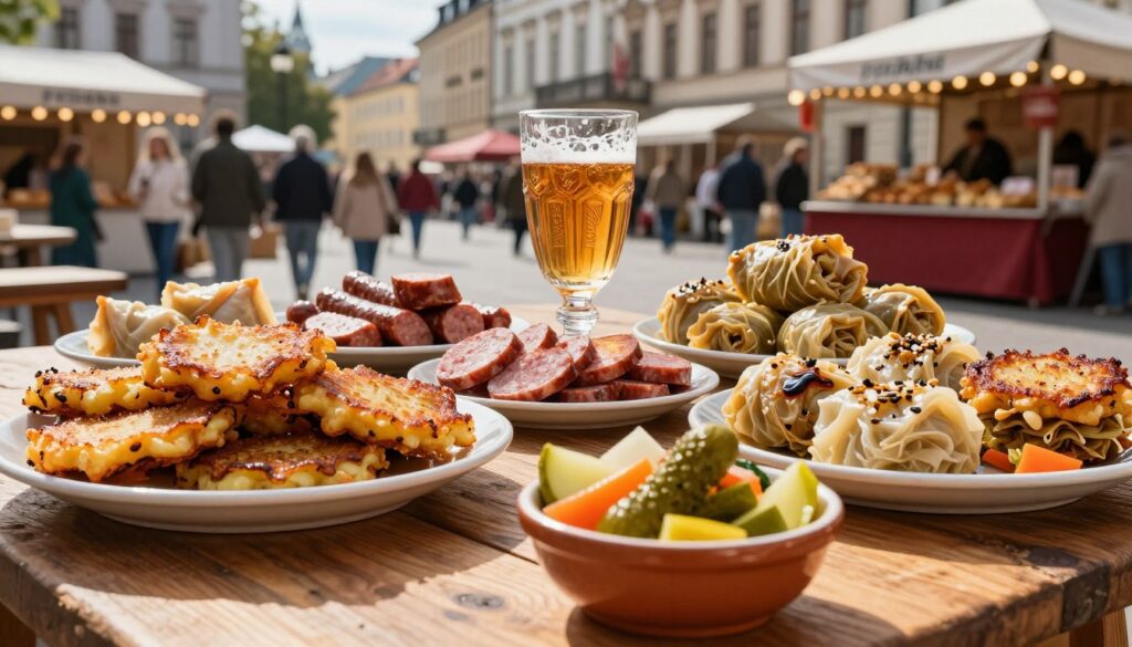 A vibrant display of assorted "przekąski," featuring traditional Polish snacks such as crunchy potato pancakes (placki ziemniaczane), hearty kielbasa slices, and savory stuffed cabbage rolls (gołąbki) artistically arranged on a rustic wooden table. In the foreground, an inviting bowl of pickled vegetables adds a splash of color. The middle ground showcases a vintage glass filled with a refreshing local beverage, glistening in the warm sunlight. The background captures a lively street scene in Berlin, with hints of bustling food vendors and historic buildings, creating an atmosphere of excitement and local charm. Soft natural lighting enhances the textures of the food, while a shallow depth of field draws attention to the delicious snacks, inviting viewers to experience the culinary delights. A vibrant display of assorted "przekąski," featuring traditional Polish snacks such as crunchy potato pancakes (placki ziemniaczane), hearty kielbasa slices, and savory stuffed cabbage rolls (gołąbki) artistically arranged on a rustic wooden table. In the foreground, an inviting bowl of pickled vegetables adds a splash of color. The middle ground showcases a vintage glass filled with a refreshing local beverage, glistening in the warm sunlight. The background captures a lively street scene in Berlin, with hints of bustling food vendors and historic buildings, creating an atmosphere of excitement and local charm. Soft natural lighting enhances the textures of the food, while a shallow depth of field draws attention to the delicious snacks, inviting viewers to experience the culinary delights.