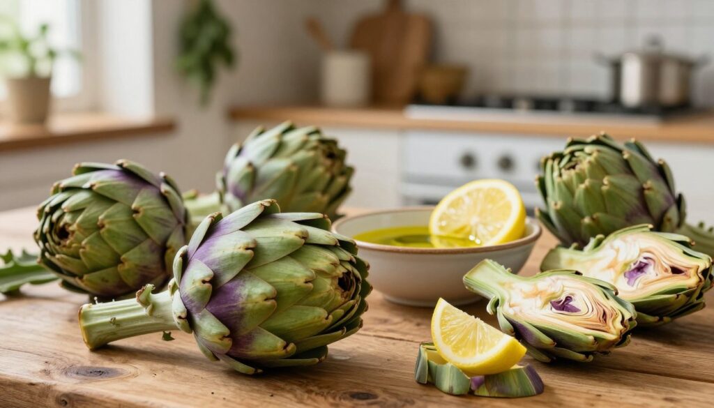 A vibrant image of fresh "karczochy" (artichokes) beautifully arranged on a rustic wooden table, showcasing their unique green and purple hues. The foreground features a close-up of whole and sliced artichokes, highlighting their texture and intricate leaves. In the middle, a simple ceramic bowl filled with a drizzle of olive oil and a garnish of lemon slices adds a touch of elegance. In the background, a softly blurred Italian kitchen filled with warm, natural light and herbs hanging from the walls creates an inviting atmosphere. Capture the essence of Roman cuisine with soft, warm lighting to enhance the colors and a shallow depth of field to focus on the artichokes, evoking a sense of seasonal freshness.