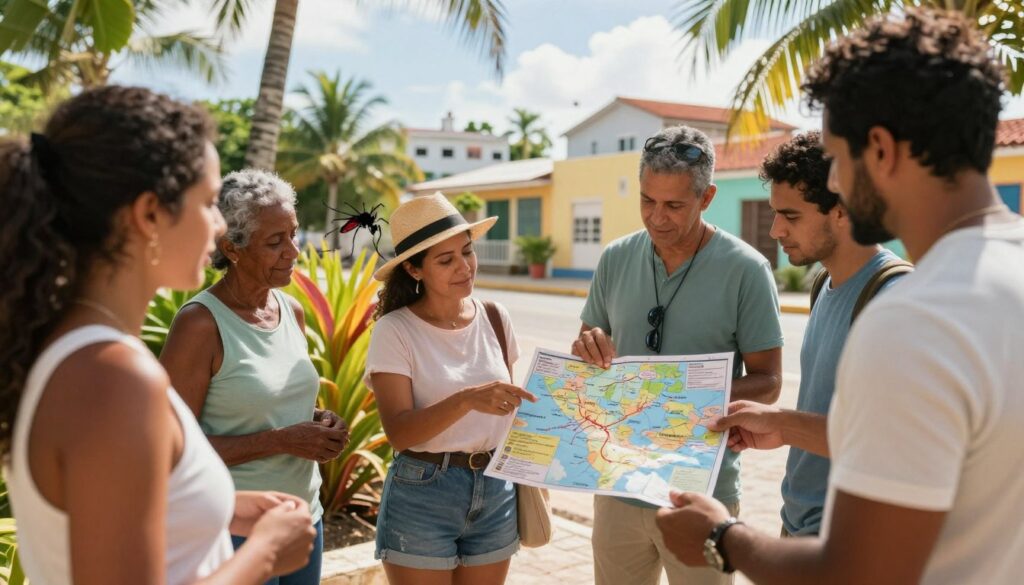A vibrant, informative scene illustrating health safety in Cuba, focusing on the theme of disease awareness and prevention. In the foreground, a diverse group of people wearing modest summer clothing are examining a map, discussing health tips and precautions related to local illnesses, such as mosquito-borne diseases. In the middle ground, there are tropical plants and a visible mosquito silhouette to emphasize the risk of bites. The background features a bright, sunny Cuban landscape with colorful houses and palm trees, reflecting the Caribbean vibe. The lighting is warm and natural, with soft shadows to create an inviting atmosphere. The image conveys a sense of community awareness and proactive health measures. A vibrant, informative scene illustrating health safety in Cuba, focusing on the theme of disease awareness and prevention. In the foreground, a diverse group of people wearing modest summer clothing are examining a map, discussing health tips and precautions related to local illnesses, such as mosquito-borne diseases. In the middle ground, there are tropical plants and a visible mosquito silhouette to emphasize the risk of bites. The background features a bright, sunny Cuban landscape with colorful houses and palm trees, reflecting the Caribbean vibe. The lighting is warm and natural, with soft shadows to create an inviting atmosphere. The image conveys a sense of community awareness and proactive health measures.