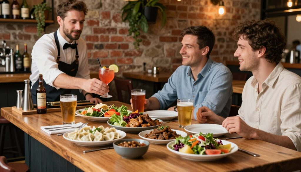 A vibrant lunch setting in a cozy Krakow bar during the weekend. In the foreground, a wooden bar top adorned with a charming spread of traditional Polish dishes such as pierogi, bigos, and a selection of fresh salads. Colorful ingredients and rustic tableware contribute to a warm and inviting ambience. In the middle, a well-dressed bartender serves drinks, showcasing craft cocktails and local beers, while a friendly couple enjoys their meal, dressed in casual yet neat clothing. The background features rustic brick walls with hanging plants and soft, ambient lighting that creates a relaxed mood. The scene captures the essence of a leisurely weekend lunch, highlighting the culinary treasures of Krakow, with a shallow depth of field to focus on the food and interactions.
