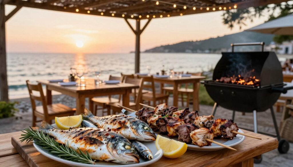 A vibrant outdoor dining scene featuring a traditional Croatian grill (grilla morza) at sunset. In the foreground, a beautifully arranged platter of grilled fish, including whole sea bream and sardines, alongside skewers of marinated meat, such as lamb and chicken. Fresh herbs like rosemary and lemon slices can be seen, adding a pop of color. In the middle ground, a rustic wooden table set with simple tableware beneath a twinkling string light canopy, creating a warm, inviting atmosphere. The background showcases a picturesque coastal view with soft waves gently lapping against the shore, the sun casting a golden hue across the scene. The overall mood is relaxed and festive, embodying the essence of Mediterranean dining.