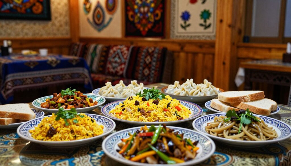 A vibrant presentation of Kyrgyz cuisine in a cozy restaurant setting, showcasing traditional dishes such as plov, manti, and beshbarmak. In the foreground, a beautifully arranged table filled with colorful plates, fresh herbs, and bread, highlighting the intricate details of each dish. The middle ground features a warm and inviting atmosphere with wooden elements, traditional Kyrgyz textiles, and dim lighting, enhancing the cultural ambiance. In the background, faint decorations of Kyrgyz art and patterns can be seen, evoking the rich heritage of the cuisine. Soft, warm lighting enhances the inviting mood, captured from a slightly low angle to emphasize the dishes while ensuring a pleasing depth of field. The image should be vibrant and mouthwatering, evoking the essence of Kyrgyz culinary charm.