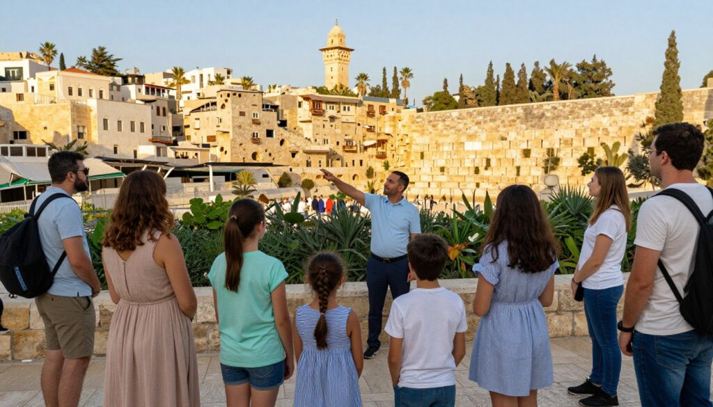 A vibrant scene depicting a diverse group of tourists exploring a safe and welcoming location in Israel. In the foreground, a family with children is enjoying a guided tour, wearing modest casual clothing. The middle ground features a friendly local guide pointing out historical landmarks, surrounded by lush vegetation and Mediterranean architecture. In the background, iconic sites like the Western Wall and ancient stone buildings bathed in golden sunlight are visible, creating a sense of safety and tranquility. Soft, warm lighting enhances the inviting atmosphere, while a wide-angle view captures both the scenic beauty and the dynamic interaction among people, evoking a mood of curiosity and reassurance for travelers.