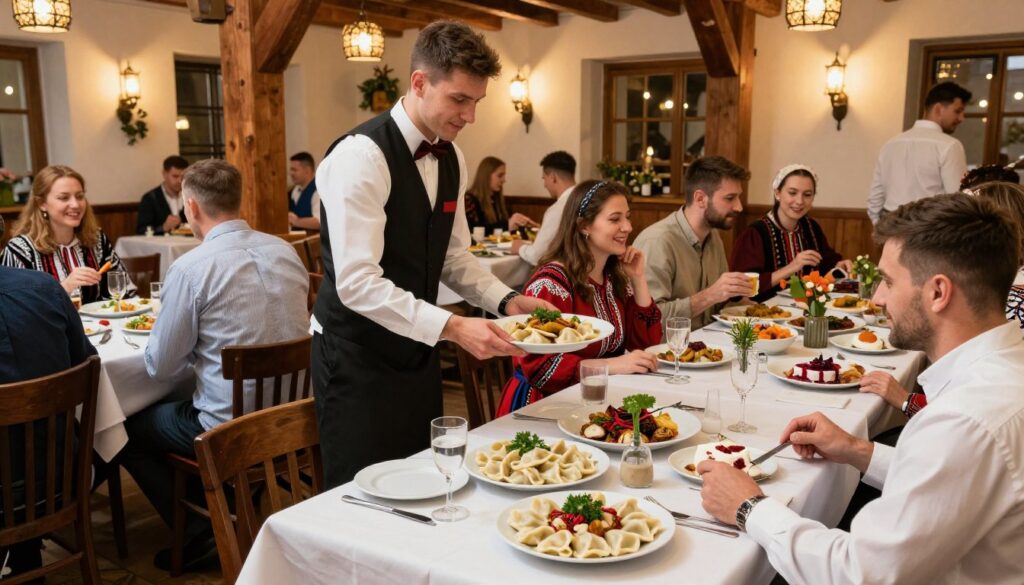 A vibrant scene of a bustling restaurant in Lublin, filled with diners enjoying traditional regional dishes. In the foreground, a beautifully arranged table showcases a variety of plates, including pierogi, gołąbki, and local desserts, garnished with fresh herbs for color. In the middle, waitstaff in professional attire serve food and drinks to a diverse group of happy patrons, some engaged in lively conversation while others savor their meals. In the background, warm, atmospheric lighting highlights rustic wooden beams and charming decor, evoking a cozy and welcoming ambiance. The angle captures the dynamic interaction between guests and staff, creating a lively yet inviting mood, perfect for showcasing the best dining experiences in Lublin.