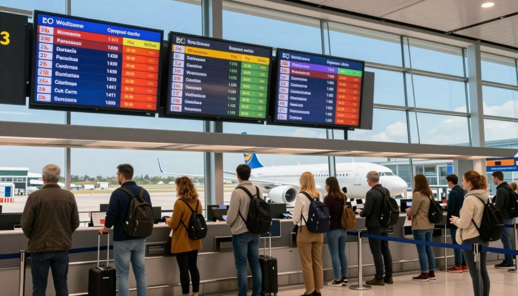 A vibrant scene showcasing an airport terminal with modern airline features, filled with travelers checking in for their flights to Cyprus. In the foreground, a diverse group of people in professional and modest casual attire stand in line at the check-in counters, looking excited and ready for their journey. The middle section of the image reveals large digital flight departure boards displaying various flight details, particularly flights from Wrocław to Cyprus, with bright, welcoming colors. In the background, large windows reveal an airplane ready on the tarmac under a clear blue sky, complemented by soft, warm lighting that evokes a sense of anticipation and adventure. The atmosphere should convey enthusiasm and readiness for travel, with a clean, organized, and inviting layout throughout the scene.