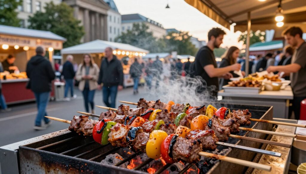 A vibrant street food scene showcasing a delicious kebab stall in Berlin. In the foreground, a mouthwatering kebab skewer is being toasted over a grill, glistening with spices and colorful vegetables. Juicy meat and grilled peppers are prominently displayed, invitingly close to the viewer. In the middle ground, a bustling street filled with people enjoying their meals and socializing, with a variety of food stalls offering different local specialties. The background features iconic Berlin architecture, with urban greenery peeking through. Warm golden hour lighting bathes the scene, creating a lively and inviting atmosphere. The angle is slightly low, capturing the vibrancy of the street food culture while adding depth to the urban landscape. A vibrant street food scene showcasing a delicious kebab stall in Berlin. In the foreground, a mouthwatering kebab skewer is being toasted over a grill, glistening with spices and colorful vegetables. Juicy meat and grilled peppers are prominently displayed, invitingly close to the viewer. In the middle ground, a bustling street filled with people enjoying their meals and socializing, with a variety of food stalls offering different local specialties. The background features iconic Berlin architecture, with urban greenery peeking through. Warm golden hour lighting bathes the scene, creating a lively and inviting atmosphere. The angle is slightly low, capturing the vibrancy of the street food culture while adding depth to the urban landscape.