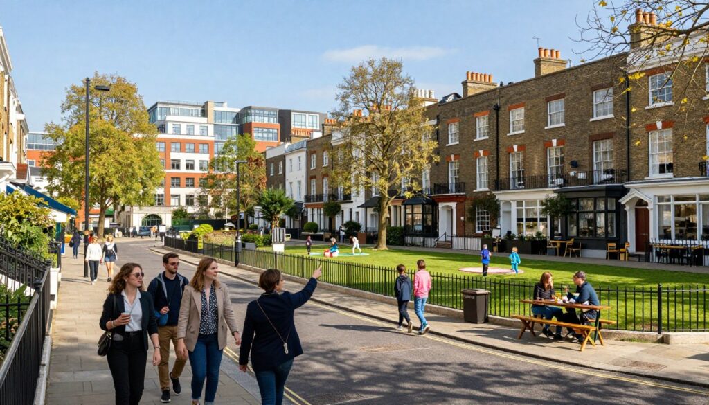 A vibrant street scene depicting safe neighborhoods in London, showcasing charming, tree-lined streets filled with modest, well-maintained houses and cozy cafes. In the foreground, a group of tourists in smart casual attire strolls, enjoying the atmosphere while pointing at local attractions. The middle ground features families enjoying the day in a nearby park, with children playing on the grass. The background showcases the iconic London architecture, blending modern flats and historical buildings under a bright, clear blue sky. The sunlight bathes the scene, creating a warm and inviting atmosphere, with gentle shadows enhancing the depth. The perspective is from a slightly elevated angle, providing a comprehensive view of the lively and secure environment.