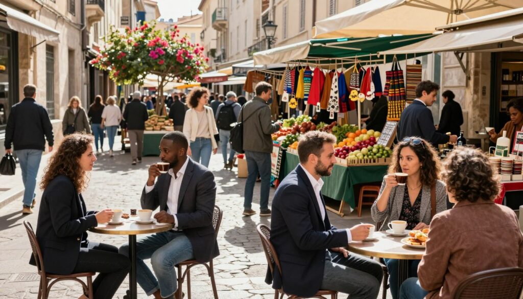 A vibrant street scene in multicultural Marseille, showcasing diverse residents engaged in everyday activities. In the foreground, a group of multi-ethnic individuals in professional business attire and modest casual clothing converse while sipping coffee at a sidewalk café. In the middle ground, colorful market stalls display fresh produce and handcrafted goods, reflecting the city's rich cultural heritage. The background features historic architecture, with charming narrow streets and blooming flowers. Warm, inviting sunlight filters through the scene, casting soft shadows that enhance the sense of community and interaction. The mood conveys a blend of vibrancy and caution, illustrating a lively yet respectful atmosphere among the residents. Use a wide-angle lens to capture the bustling essence of the city, ensuring a clear focus on the engaging interactions while softly blurring the background elements.