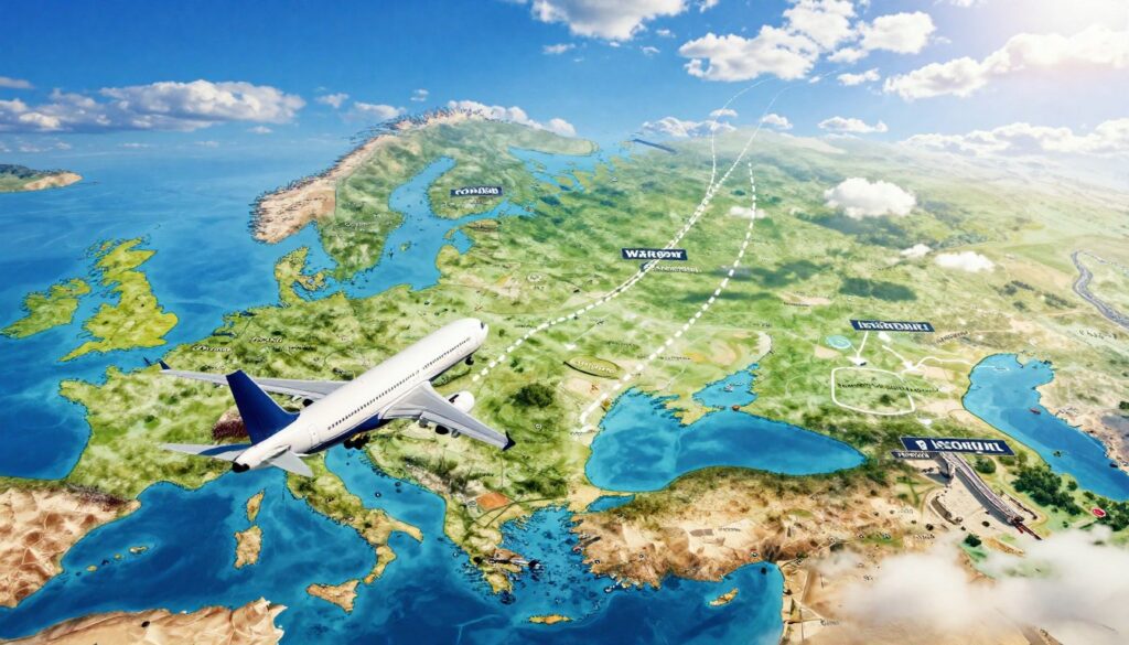 A vivid aerial view of popular flight routes from Warsaw to Turkey, featuring a vibrant blue sky with fluffy clouds. In the foreground, a modern airplane with a sleek design is flying along a clearly defined flight path marked by dashed lines. The middle section showcases a detailed map, highlighting key cities in Poland and Turkey, such as Warsaw and Istanbul, with visual markers indicating travel times. In the background, soft hints of both the Polish and Turkish landscapes—such as forests in Poland and coastal views in Turkey—create a sense of connection between the two locations. The lighting is bright and optimistic, suggesting a sunny day for travel, captured with a wide-angle lens that conveys a sense of adventure and exploration. The overall mood is uplifting and inspiring, perfect for illustrating the excitement of travel.